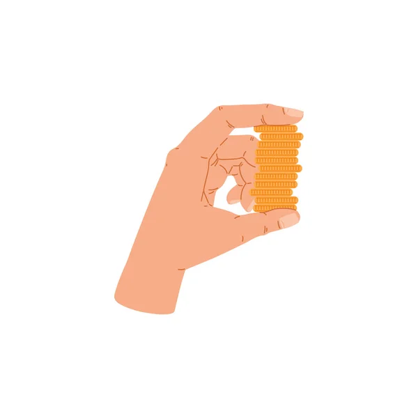 Human hand holding stack of golden coins, flat vector illustration isolated. — Stock Vector
