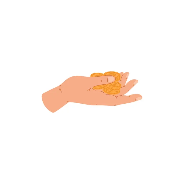 Un puñado de monedas de oro en la mano humana un vector ilustración aislada. — Vector de stock