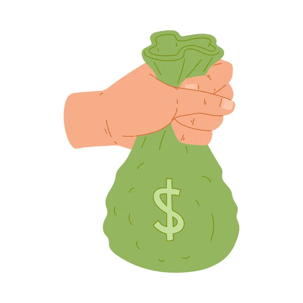 Векторная иллюстрация человеческой руки с зеленой сумкой денег — стоковый вектор