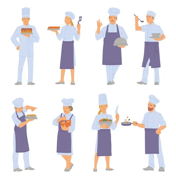 Conjunto de cozinheiros de restaurante ou chefs planas desenho animado vetor ilustração isolado. —  Vetores de Stock