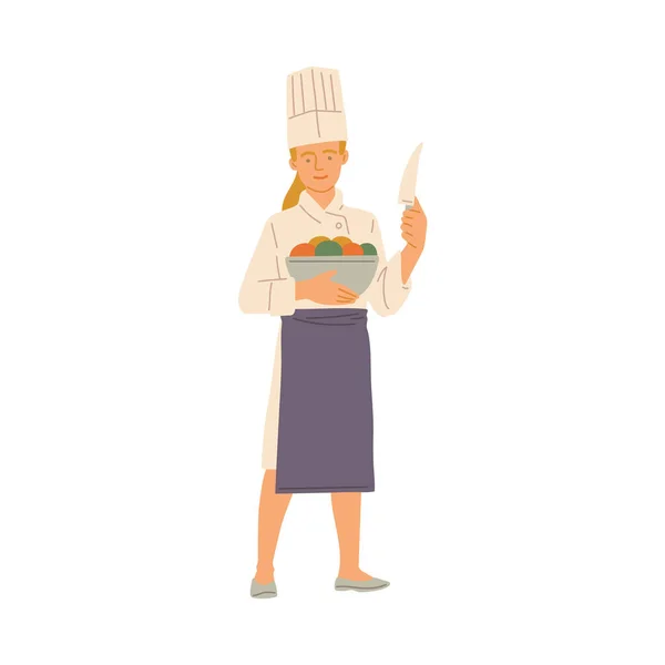 女性シェフが野菜のボウルで調理フラットベクトルイラスト孤立. — ストックベクタ