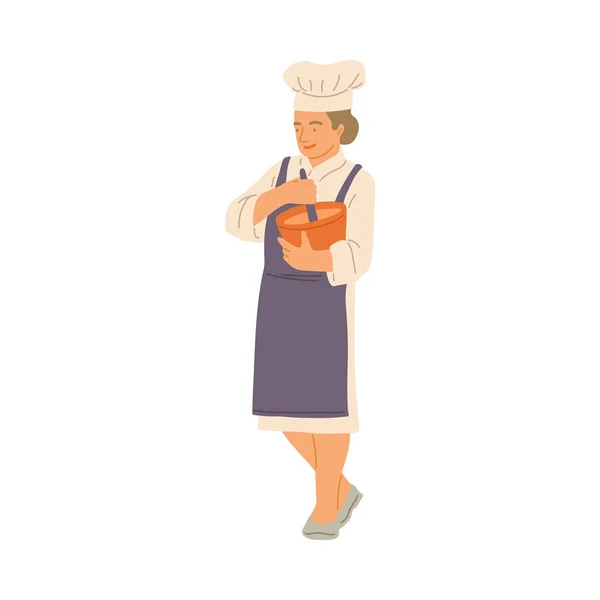 Mulher cozinheiro ou trabalhador de cozinha em branco uniforme plana vetor ilustração isolado. —  Vetores de Stock