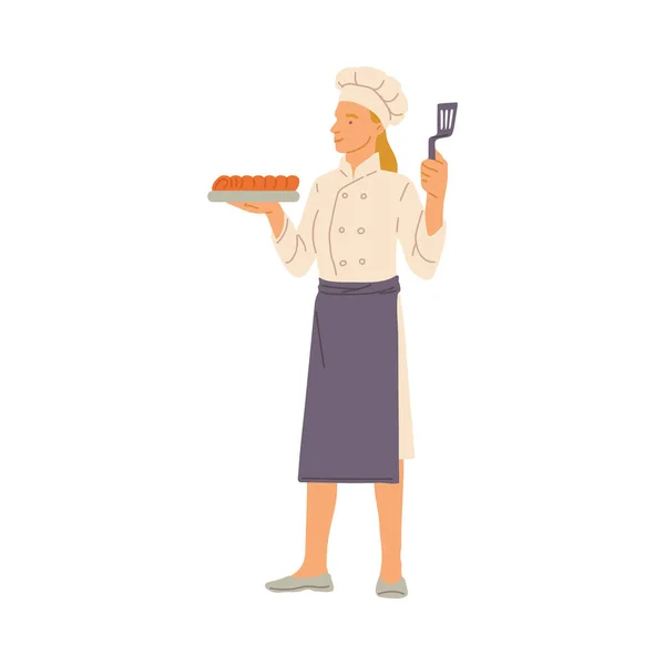 Femme chef avec plat cuit dans les mains illustration vectorielle plat isolé. — Image vectorielle