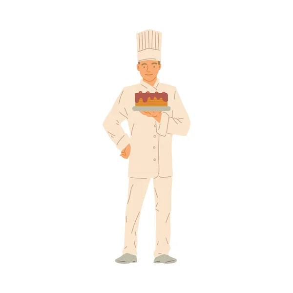 Cocinero profesional pastelero celebrar pastel en la mano un vector de ilustración — Vector de stock