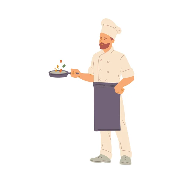 Barbe homme chef cuisinier stands avec poêle dans les mains plat vecteur illustration isolé. — Image vectorielle