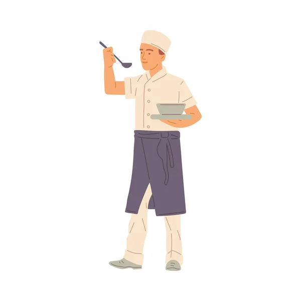 Chef mâle personnage de bande dessinée tester la nourriture, illustration vectorielle plat isolé. — Image vectorielle