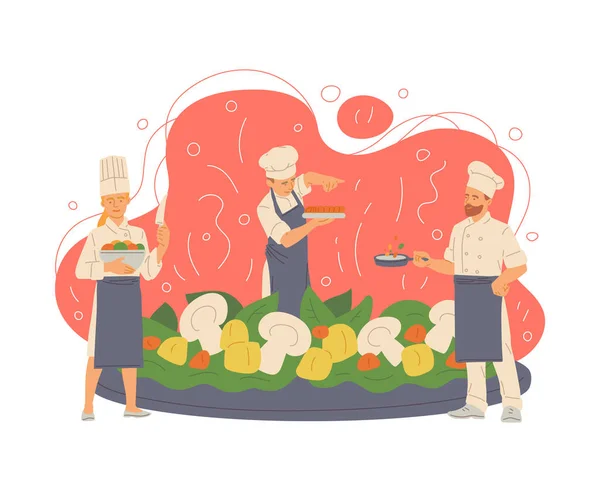 Kochteam kocht Salat - Zeichentrickköche in der Küche machen Essen — Stockvektor