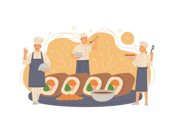 Pequeños chefs de restaurante de pie cerca de plato plano vector ilustración aislado. — Archivo Imágenes Vectoriales