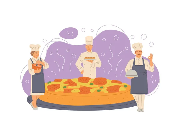 Piccoli chef professionisti italiani con enormi deliziose pizze un'illustrazione vettoriale. — Vettoriale Stock