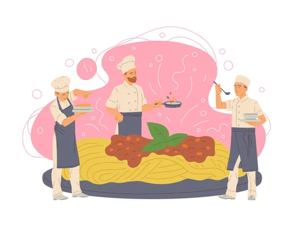 Piccoli chef professionisti preparano deliziose paste italiane un'illustrazione vettoriale — Vettoriale Stock
