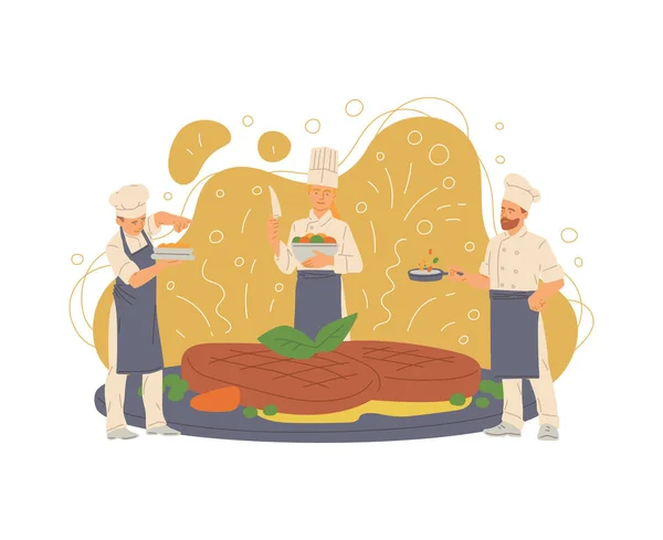 Profesionální kuchaři vaření obrovské pečené hovězí nebo vepřové steaky vektorové ilustrace — Stockový vektor