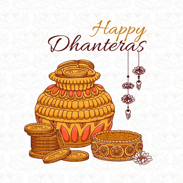 Biglietto festivo vettoriale con monete d'oro in vaso per la celebrazione di Dhanteras Diwali — Vettoriale Stock