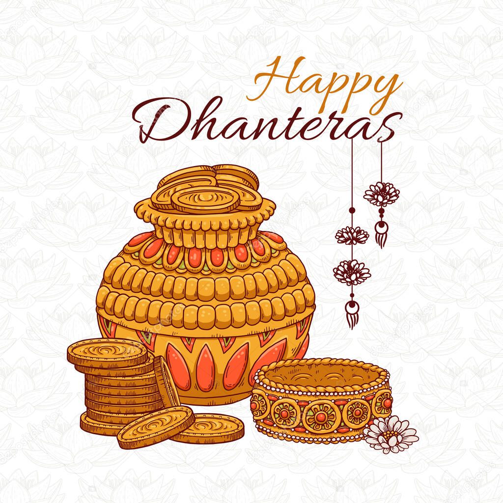 Vector festive card with gold coins in pot for Dhanteras Diwali celebration