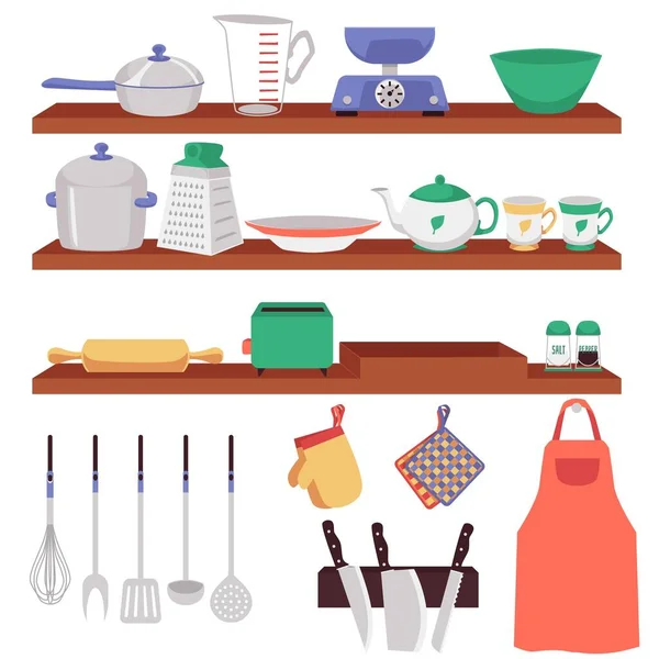 Set di utensili da cucina su ripiani in legno. Attrezzature isolate per utensili da cucina — Vettoriale Stock
