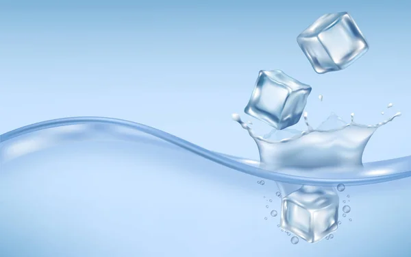 Cubos de gelo claros caindo na superfície da água ilustração vetorial realista. —  Vetores de Stock
