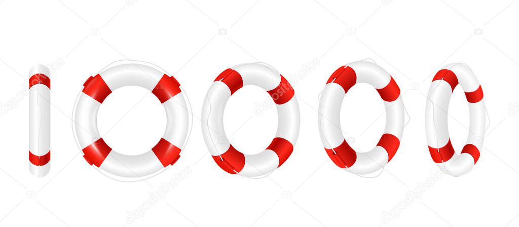 Rescue life buoy in turn, set of realistic vector illustrations isolated.
