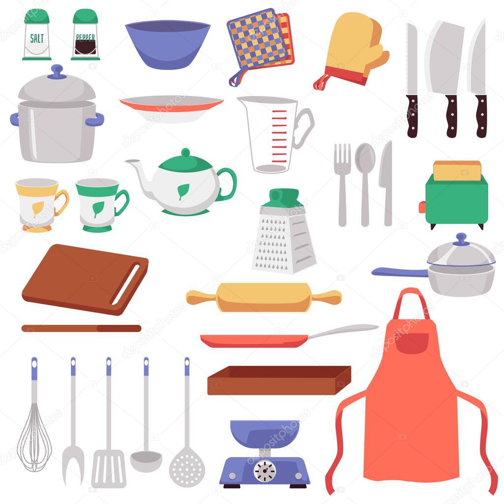 Big set of kitchen utensils and supplies cartoon vector illustration isolated.