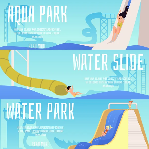 Aqua Park Banner mit Karikatur Kinder rutschen Wasserrutsche. — Stockvektor