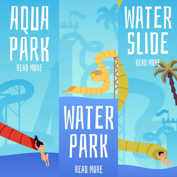 Aqua park nebo vodní zábavy vertikální letáky nastavit ploché vektorové ilustrace. — Stockový vektor