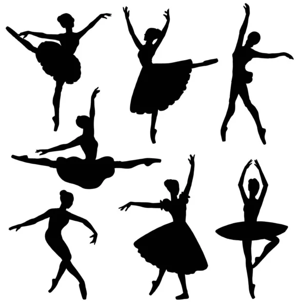 Set of dancing ballerinas contour silhouettes flat vector illustration isolated. — Stock Vector