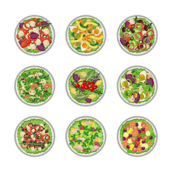Set van plantaardige groene salade kommen bovenaanzicht platte vector illustratie geïsoleerd. — Stockvector