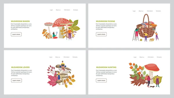 Ensemble de bannières de site Web de saison de cueillette de champignons, illustration vectorielle plate. — Image vectorielle