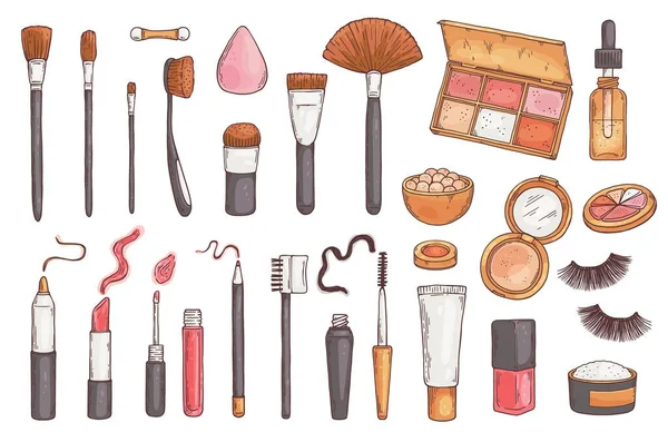 Set schoonheidsmiddelen en make-up cosmetica platte vector illustratie geïsoleerd. — Stockvector