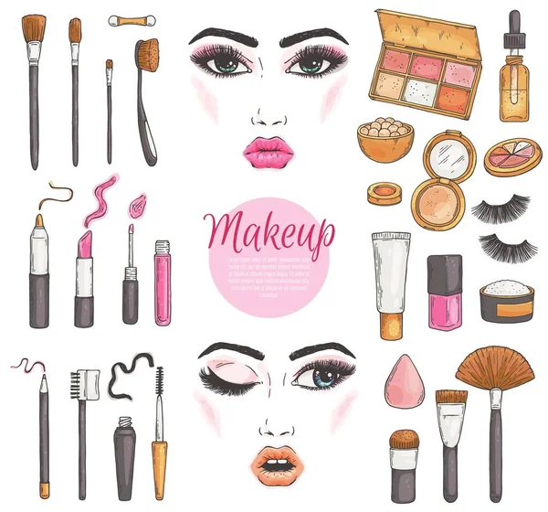 Maquiagem cosméticos conjunto com rostos femininos, ilustração vetorial esboço isolado. —  Vetores de Stock