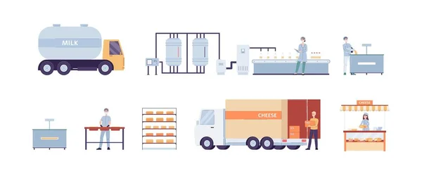 Proceso de producción de queso en fábrica un vector ilustraciones. — Vector de stock