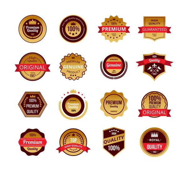 Projeto de emblemas de qualidade dourada, símbolos e ícones um conjunto de ilustrações vetoriais — Vetor de Stock
