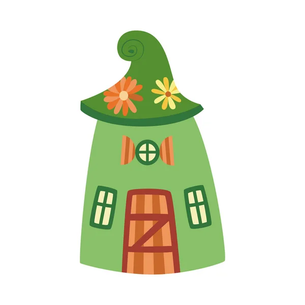 Schattig groen cartoon huis van dwergen of elfen platte vector illustratie geïsoleerd. — Stockvector