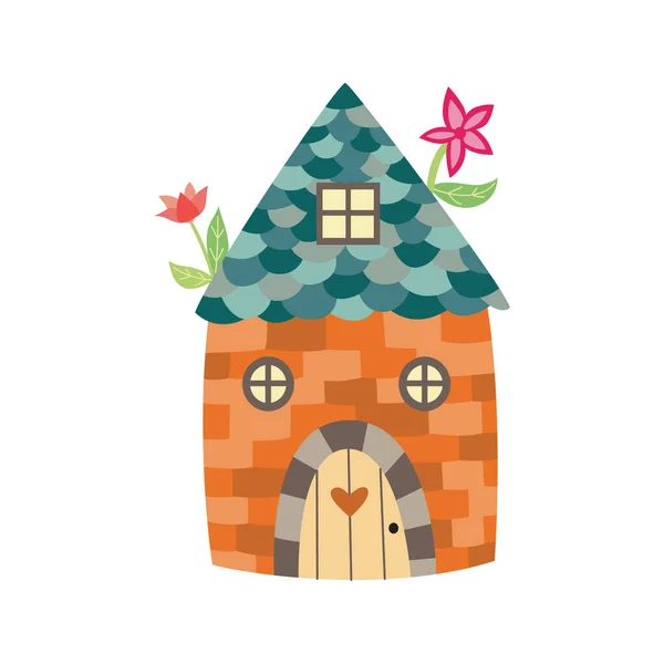 Cute gnome house with tiled roof and growing flowers. Cartoon home — Stock Vector