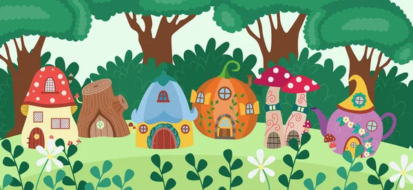 漫画のノームハウス村のバナー-かわいいファンタジーの森の建物 — ストックベクタ