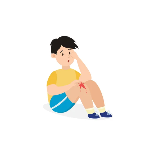 Bambino con lesioni alla gamba seduto a terra con ginocchio sanguinante. — Vettoriale Stock