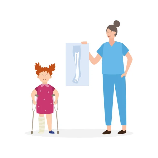 Blessure d'enfant, fille avec la jambe dans le plâtre et infirmière tenant une radiographie une illustration vectorielle — Image vectorielle