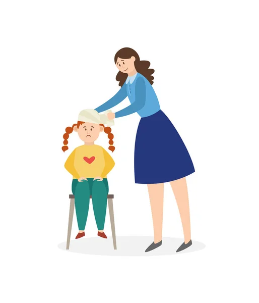 Mujer vendajes la cabeza de un niño herido, plano vector ilustración aislado. — Vector de stock