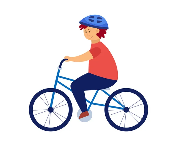 Criança protegida com capacete montando uma bicicleta, ilustração vetorial plana isolada. —  Vetores de Stock