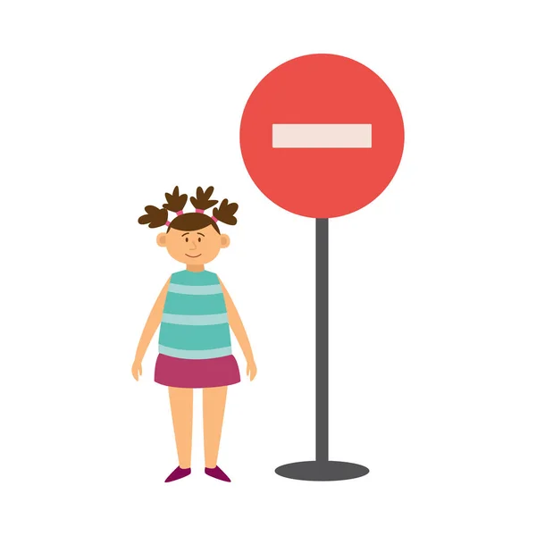 Enfant fille se tient près d'interdire la signalisation routière plat vecteur illustration isolé. — Image vectorielle