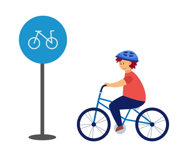 Παιδί βόλτες με ποδήλατο φορώντας κράνος επίπεδη διανυσματική απεικόνιση απομονωμένη. — Διανυσματικό Αρχείο