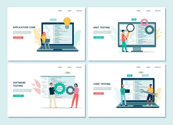 アプリケーションコードとソフトウェアテストWebバナーセット、フラットベクトルイラスト. — ストックベクタ