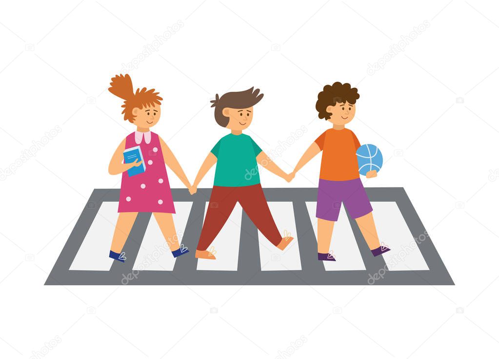 Group of children characters crossing street, flat vector illustration isolated.
