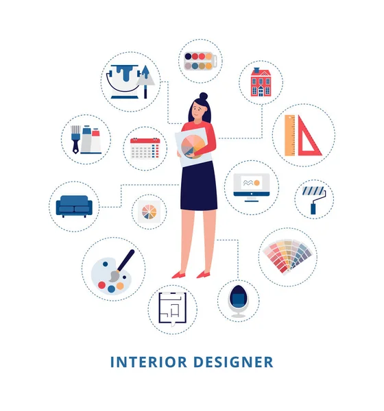 Female professional interior designer flat vector illustration isolated. — Stock Vector