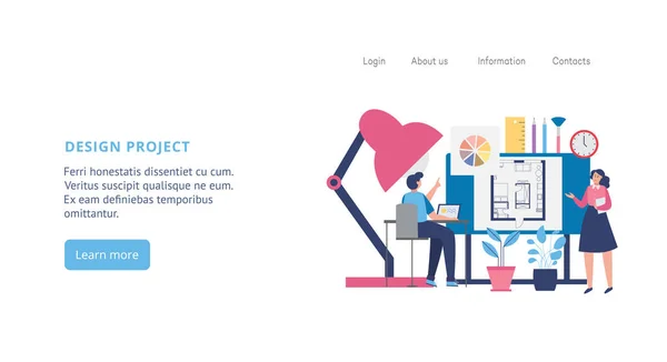 デザインプロジェクト、フラットベクトルイラストに取り組むデザイナーとバナー. — ストックベクタ