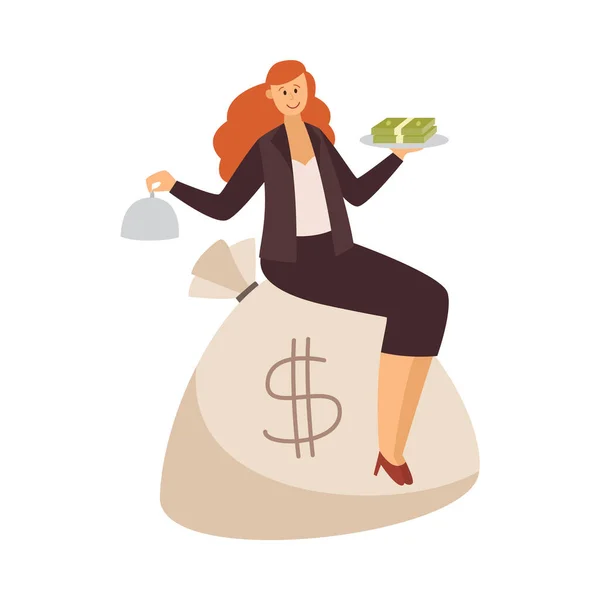 Богатая деловая женщина сидит на мешке с деньгами плоские векторные иллюстрации изолированы. — стоковый вектор
