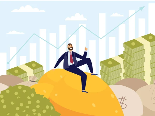 Framgångsrik affärsman sitter på toppen av pengar kullar platt vektor illustration. — Stock vektor