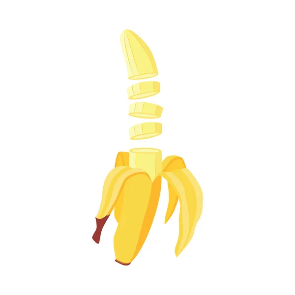 Hälften skalad från huden och skivade bitar söt banan en platt vektor illustration. — Stock vektor