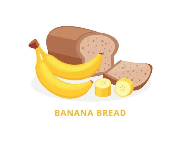 Pekařský výrobek banánový chléb s banány plochý vektor ilustrace izolované. — Stockový vektor