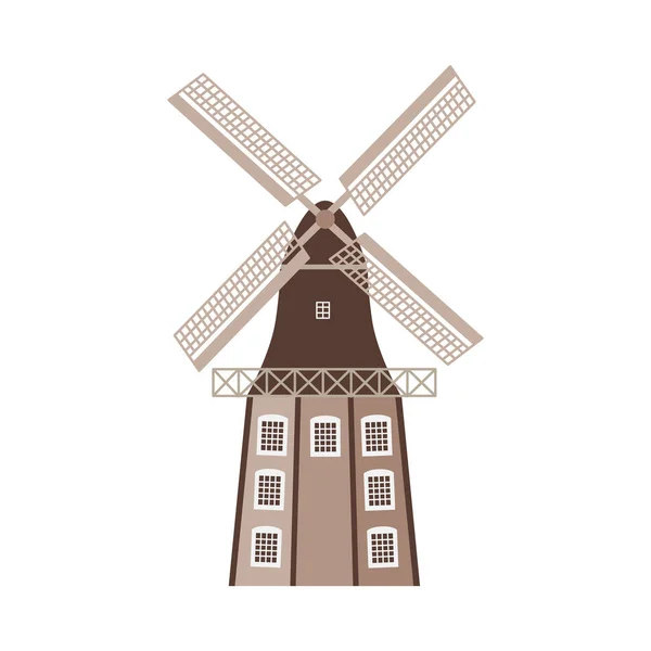Antiguo molino de viento europeo tradicional ilustración vectorial plana aislada en blanco. — Vector de stock