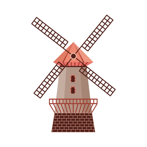 Moulin à vent traditionnel néerlandais en pierre rurale un vecteur plat illustration isolée — Image vectorielle