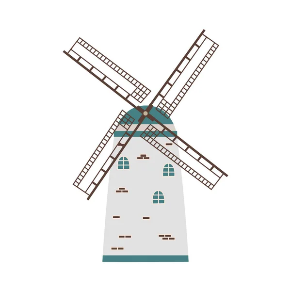 Torre de moinho de vento de aldeia de tijolo com palhetas de vento, ilustração vetorial plana isolada. — Vetor de Stock